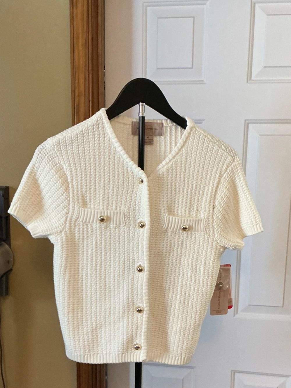 French Connection Cream Short-Sleeve Button-Front Knit Top